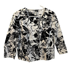 Coldwater Creek Women's Jacket Size M White And Black Tropical Leaves Stretch